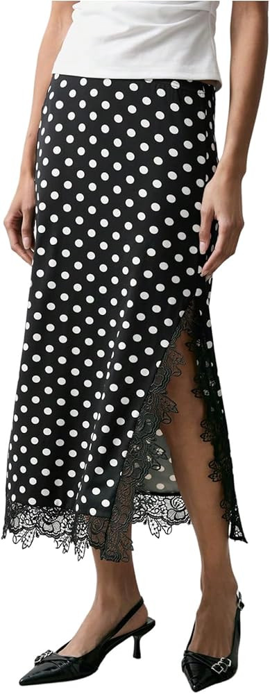 WDIRARA Women's Polka Dots Skirt Vintage Lace Trim Side Slit Midi Skirts | Amazon (US)