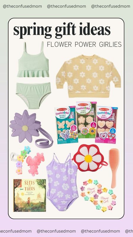 Spring gift ideas for flower power girlies! Daisy pullover, plaid girls tankini, purple flower purse, diy decorate spring magnets, flower hair clips, crossbody daisy bag, pink hairbrush, purple flower one piece suit, seeds and trees book. 

#LTKSeasonal #LTKfamily #LTKkids