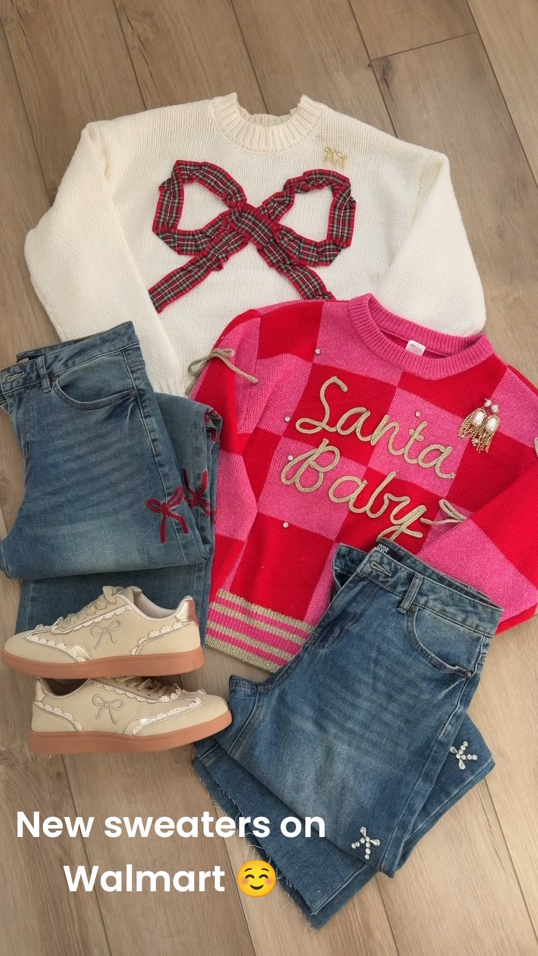 Okayyyy these brand new Walmart Christmas sweaters are ADORABLE!! 🎄🎀❤️ Walmart is already bringing out the cutest holiday fashion, and I had to grab these!

The oversized plaid bow sweater is UNDER $20 🤯 and the pink + red Santa Baby sweater is only $22! The bow details, pearls, plaid and fun holiday colors are just TOO good. 🎁✨ I also found the cutest embellished jeans + bow sneakers to pair with them!

These are such fun affordable Christmas sweaters for holiday parties, Christmas festivities, school events or just getting festive all season long. I have a feeling these Walmart holiday finds are going to go FAST! 🎄❤️🎀