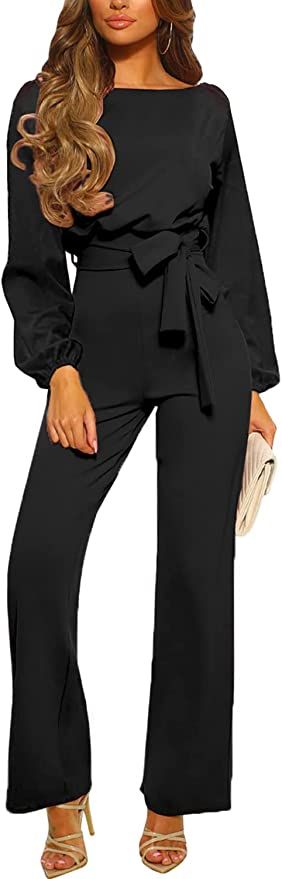 Addkaka Womens Crew Neck Short Sleeve Jumpsuits One-Piece Tie Waist Long Jumpsuits | Amazon (US)