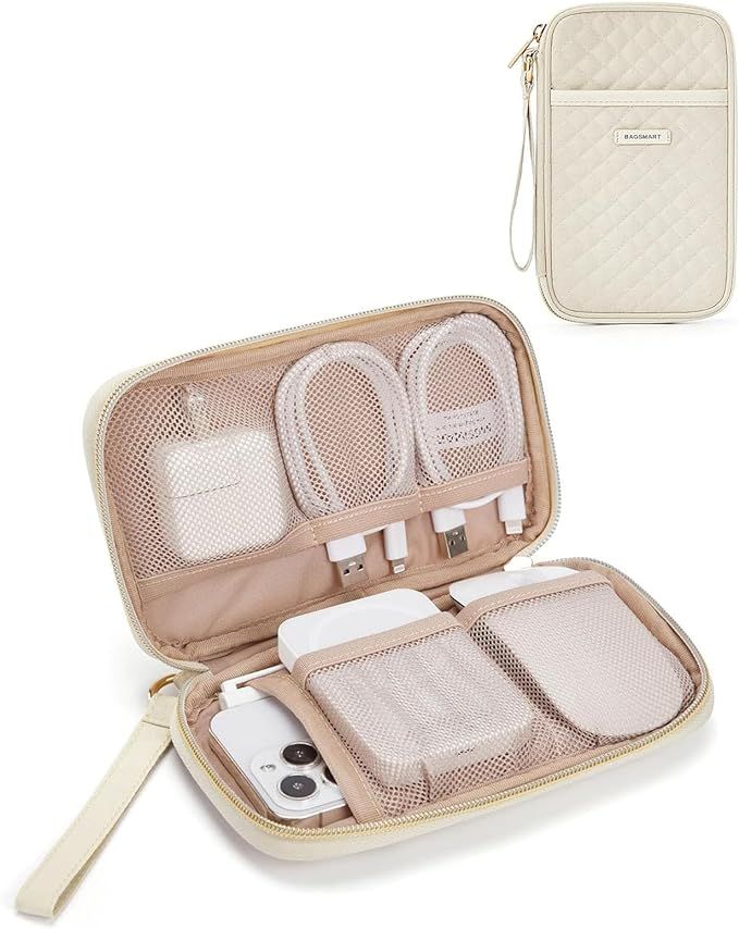 BAGSMART Electronic Organizer Travel Case, Single Layer Quilted Beige, 7.5" x 4.3" x 1", Protects... | Amazon (US)