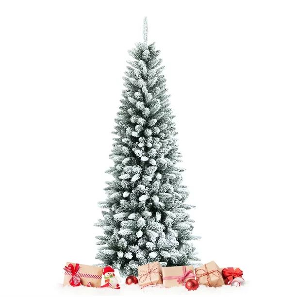Topbuy 6.5FT Slim Snow-Flocked Christmas Tre Hinged Pencil Tree W/ 829 Branch Tips Premium PE & P... | Walmart (US)