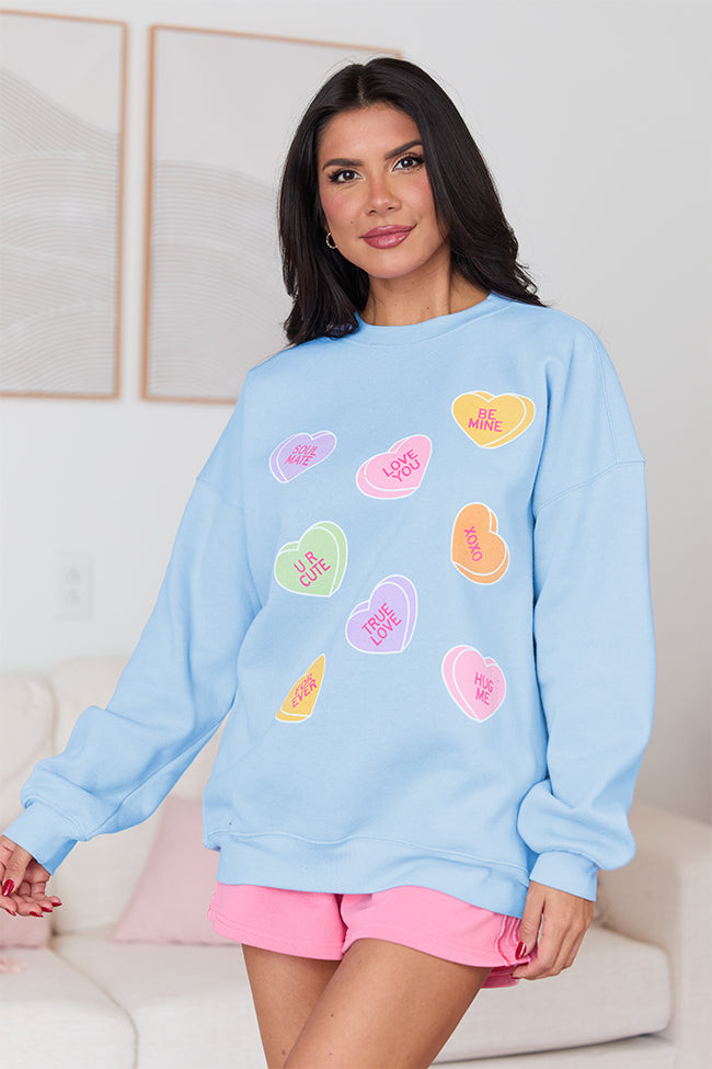 Candy Hearts Light Blue Graphic Sweatshirt SALE | Pink Lily