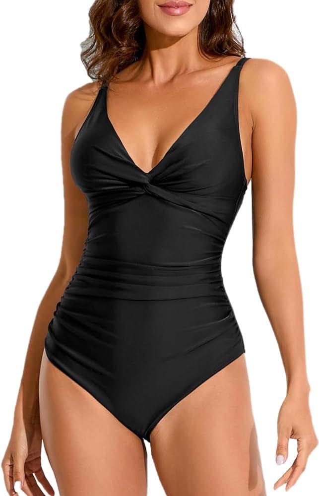 Smismivo Women's Tummy Control Swimsuit One Piece Slimming Ruched Push Up Bathing Suit Vintage Pa... | Amazon (US)