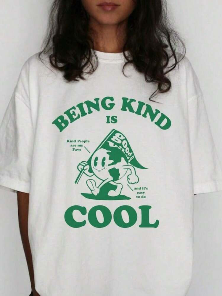 BEING KIND IS Cool Shirt, Be Kind T-Shirt, Kindness Tshirt, Be A Kind Human, Retro Shirt, Positive Message Shirt, Kind People,100% Cotton Oversized Short Sleeve Classic Heavy Cotton T Shirt Printed Graphic Tee Women's Casual Short-Sleeved Top | SHEIN