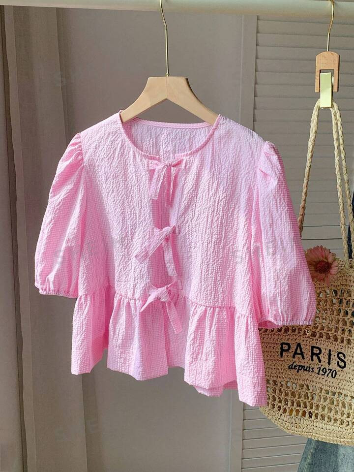 SHEIN Comfortcana Sommer Damen Vorne gebundenes Kurzarm Bluse mit Puffärmeln im süßen Gingham ... | SHEIN