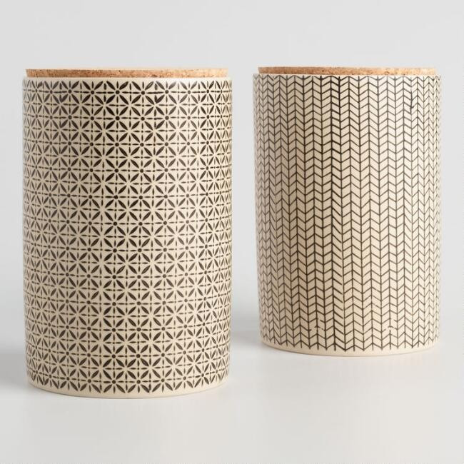 Large Black and Ivory Stamped Ceramic Tea Canisters Set of 2 | World Market