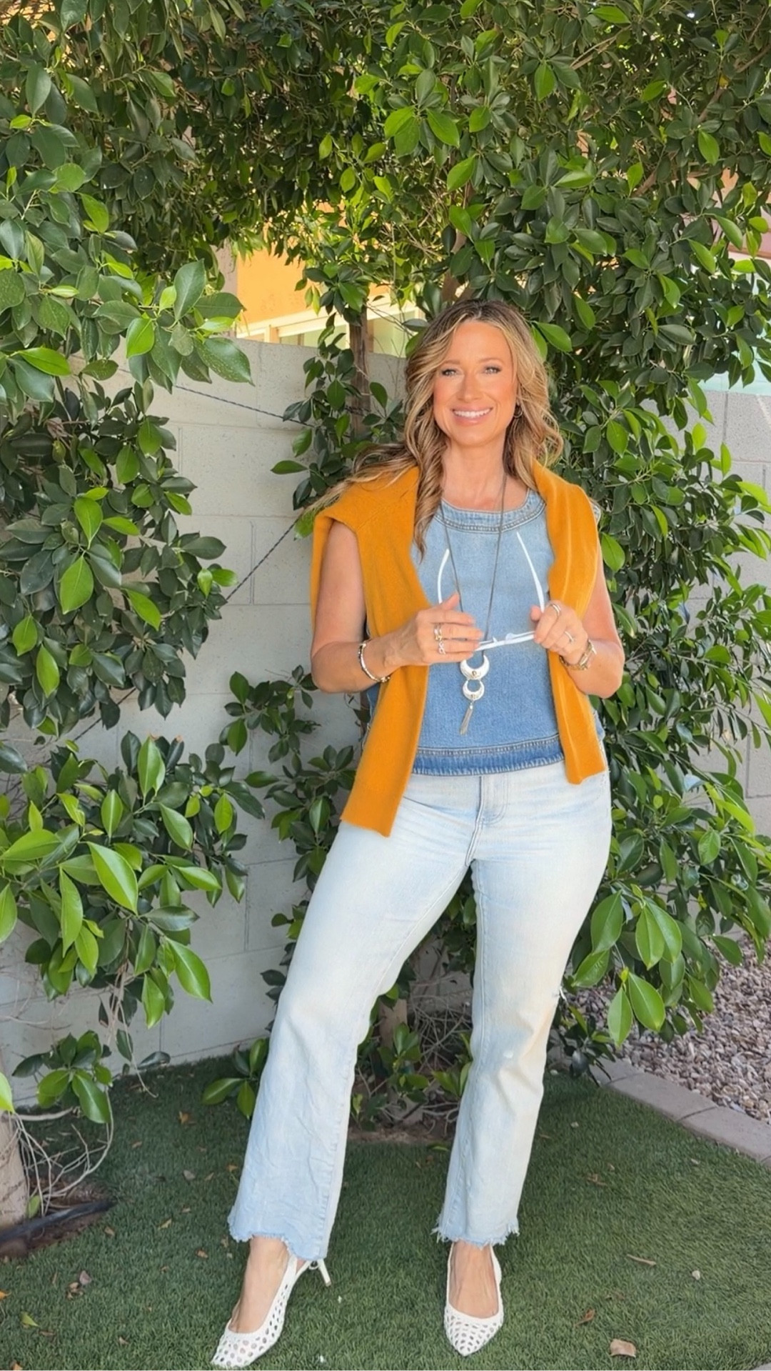 Springing into style with an all denim outfit! Don’t forget to add pops of color to a basic outfit to break up the monotony and create a more dynamic. Wearing an XL in the top. Sunglasses come in multiple colors. 

#LTKOver40 #LTKPetite #LTKSaleAlert