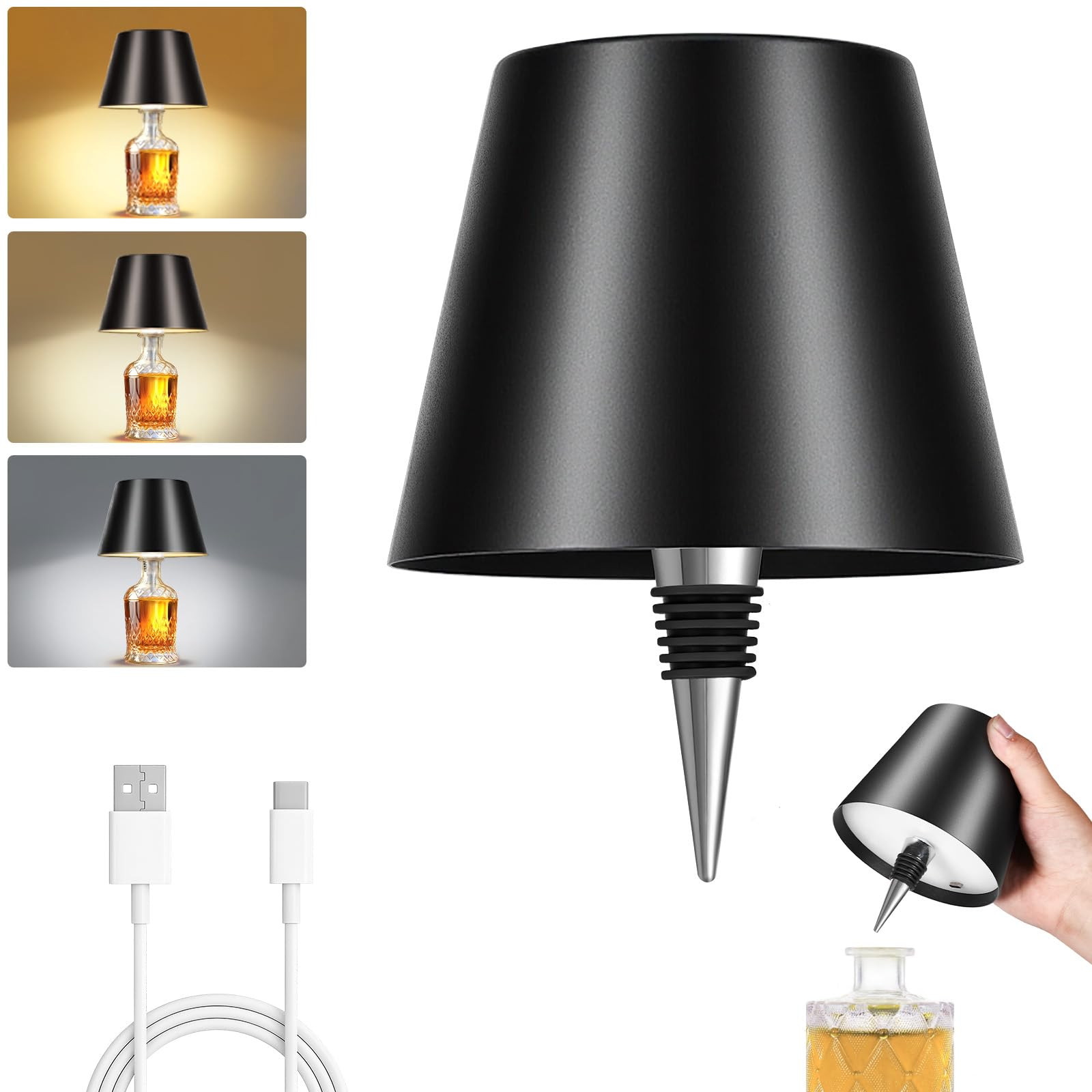 Rechargeable Wireless Bottle Lamp - 3 Color Stepless Dimmable, Metallic Black Lampshade, 5H Brigh... | Amazon (US)