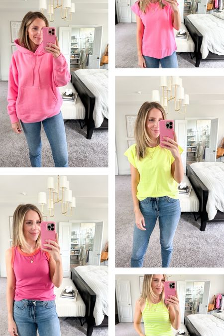 Fun bright colors for spring/summer. Wearing a small in all tops 