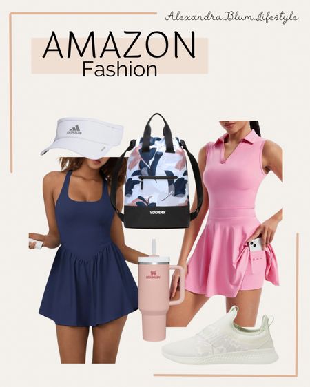 Amazon tennis athletic sports dresses in pink and navy blue! Cute matching drawstring backpack, athletic running sneakers, Stanley cup, and white visor! Workout outfit! Amazon finds! Summer outfits! 

#LTKfindsunder50 #LTKActive #LTKmidsize