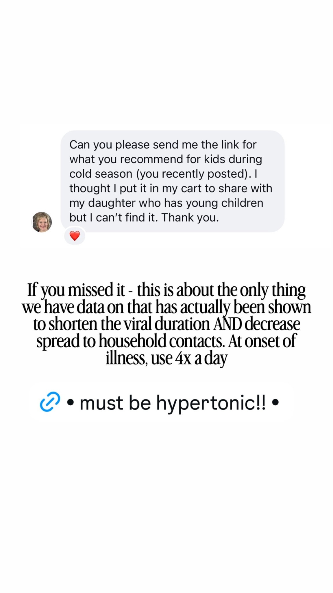 If you missed it - this is about the only thing we have data on that has actually been shown to shorten the viral duration AND decrease spread to household contacts. At onset of illness, use 4x a day

#LTKmomlife #LTKKids #LTKSeasonal