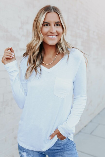 V-Neck Long Sleeve White Pocket Tee | Magnolia Boutique