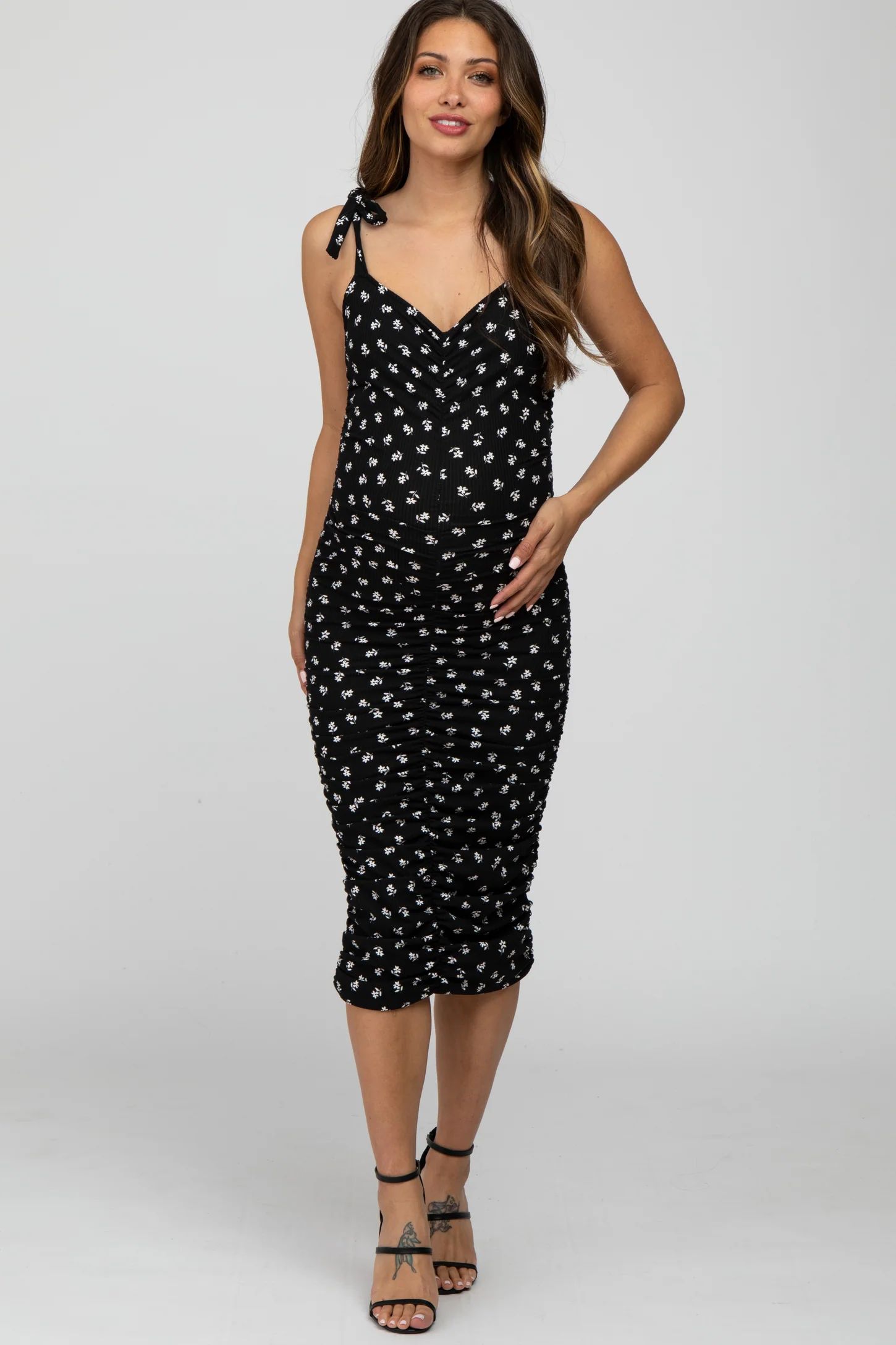 Black Floral Ribbed Ruched Shoulder Tie Maternity Dress | PinkBlush Maternity