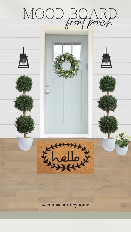 Spring front porch decor. Front door. Wreath, faux topiary, planter, hello well come mat, lanterns 

#LTKSeasonal #LTKstyletip #LTKhome