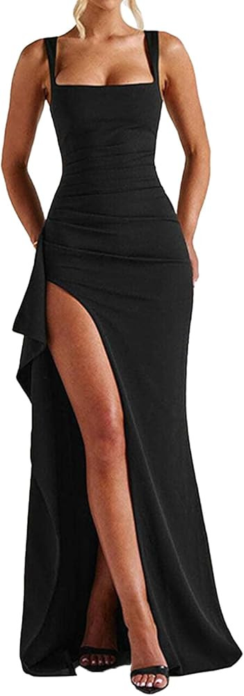 Women Formal Dresses Sleeveless Bodycon Ruched High Slit Sexy Maxi Dress Cocktail Prom | Amazon (US)