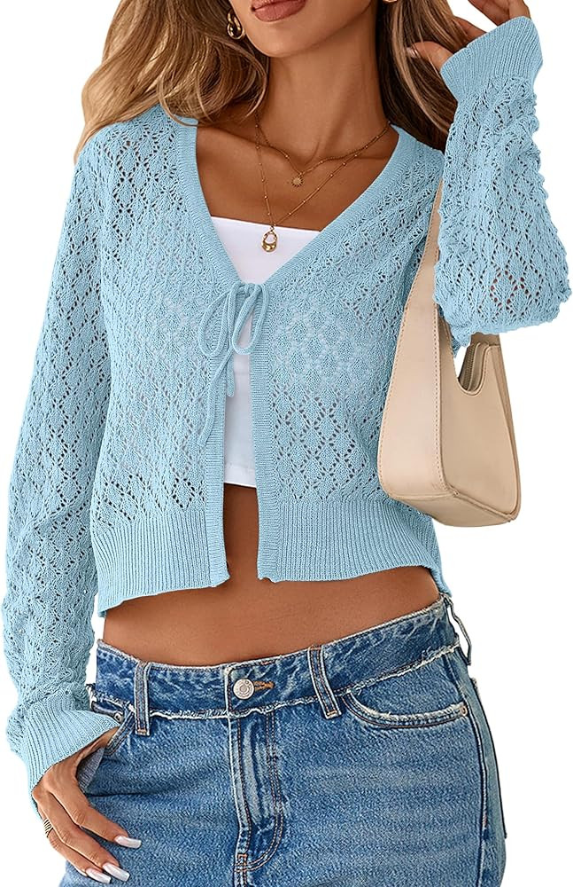 SimpleFun Womens Crochet Cardigan Casucal Tie Front Shrugs Sweaters Long Sleeve Knit Cropped Card... | Amazon (US)