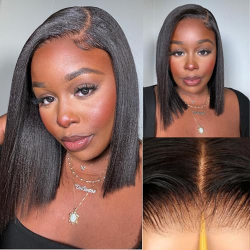 Nadula Glueless Yaki Straight Bob Bye Bye Knots 7x5 Lace Front Wigs Human Hair Pre Plucked Invisible Knots Pre Everything 3S Ready to Wear Short Yaki Bob Wigs Pre Cut 150% Density 10inch | Amazon (US)