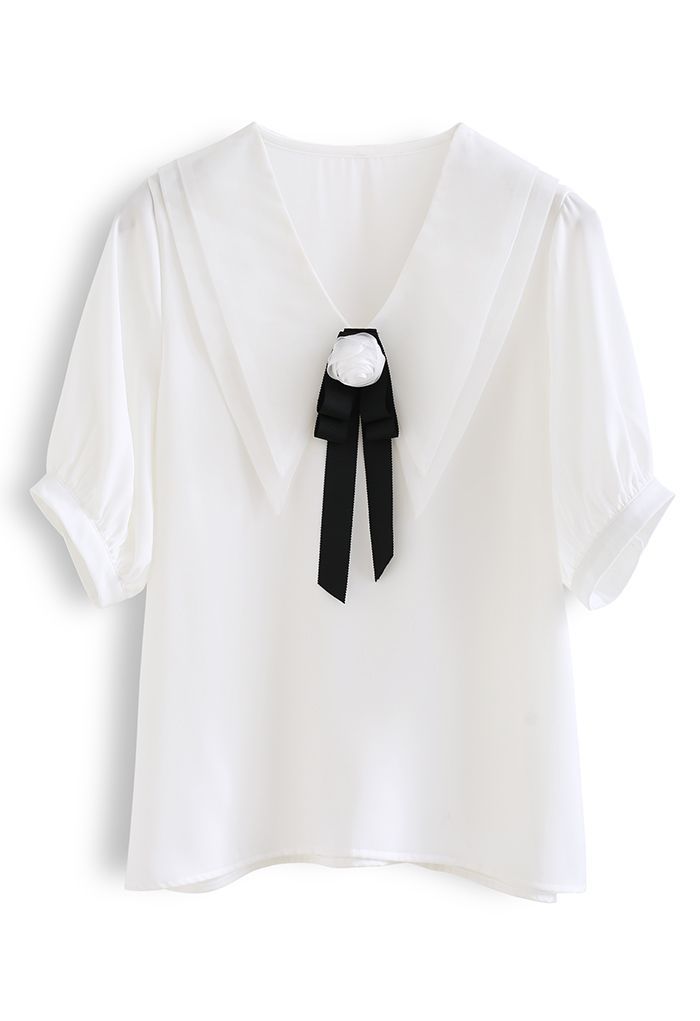 Rose Brooch Organza Collar Satin Shirt in White | Chicwish
