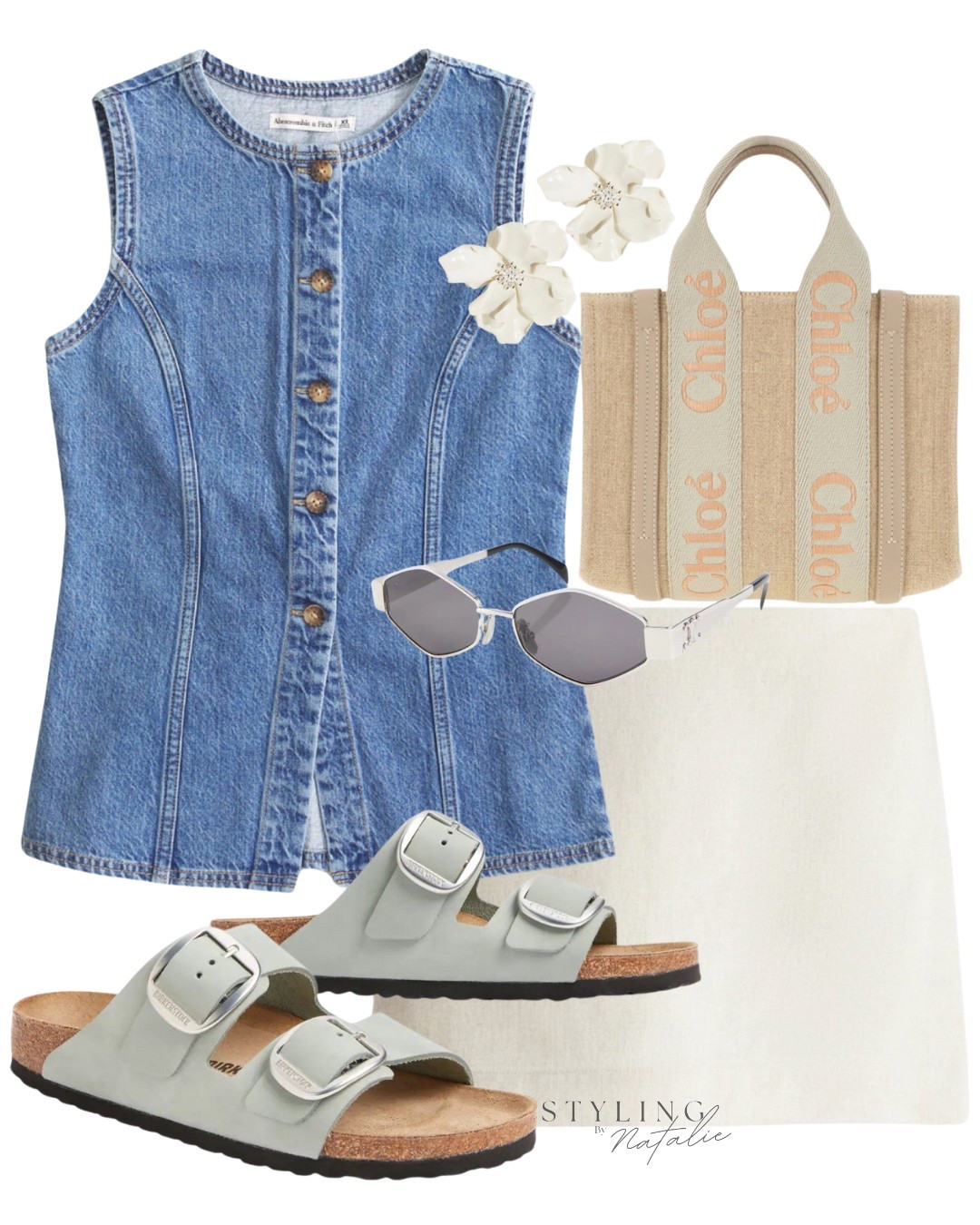 Summer outfit- Linen mini skirt, denim waistcoat, Chloe tote bag, Birkenstock sandals and flower earrings.


#LTKsummer #LTKuk #LTKspring