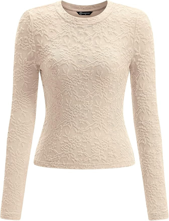 PRETTYGARDEN Women's 2025 Fall Long Sleeve Lace T Shirts Crewneck Silm Fit Embroidered Fashion Me... | Amazon (US)