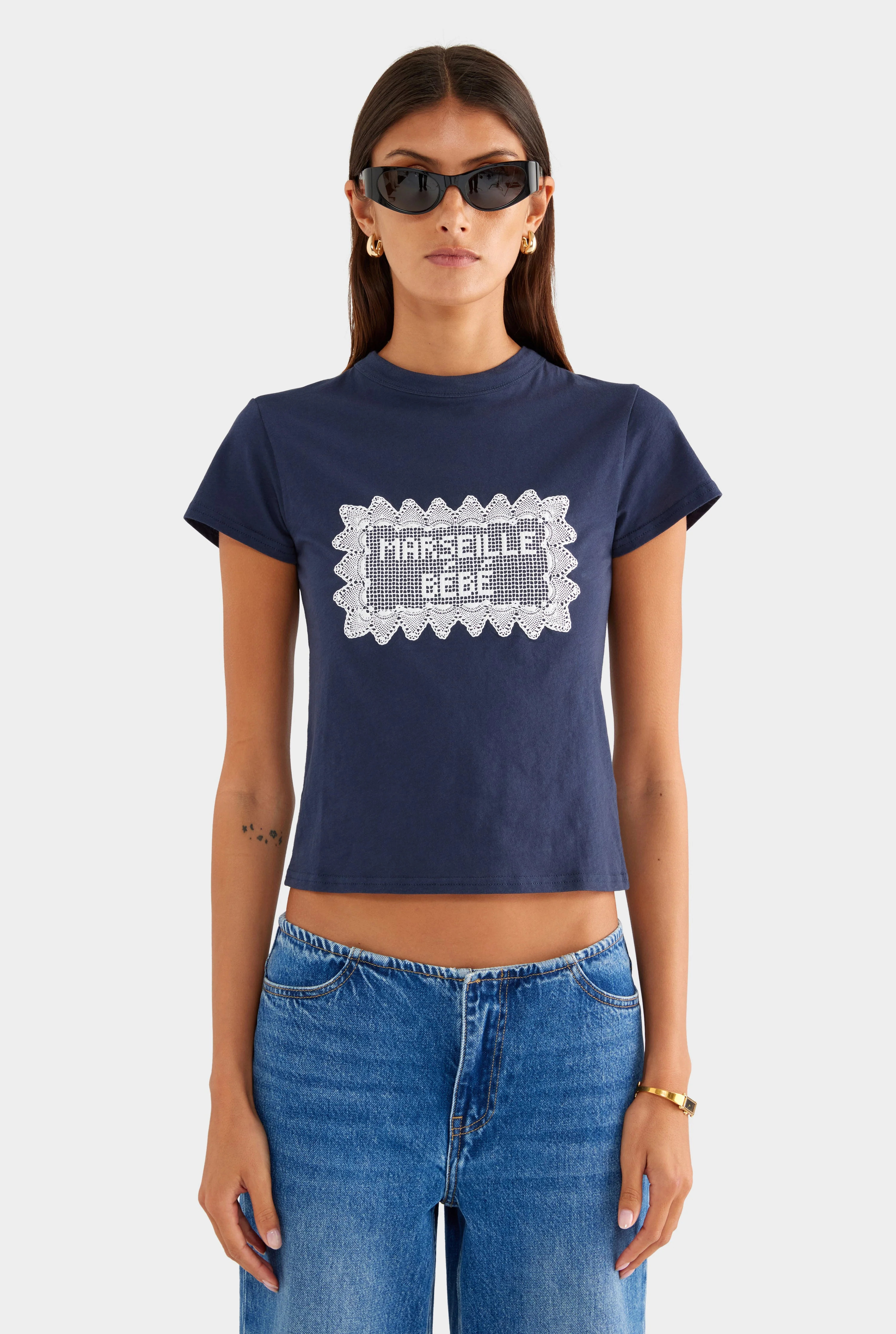 Lightweight Cotton Baby Tee Navy/Marseille Doily | Venroy | Venroy AU