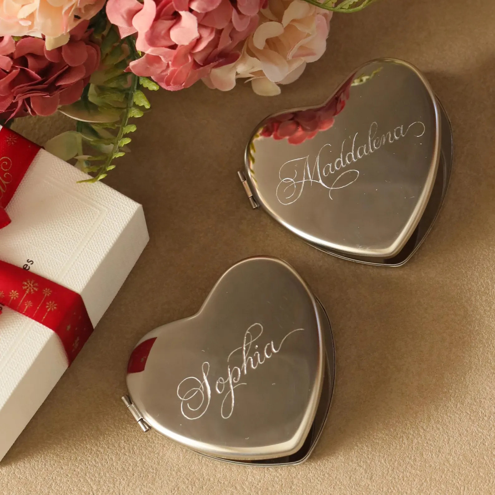 Hand-engraved Heart Compact Mirror, Personalized Bridesmaid Gift, Custom Calligraphy Name, Mother... | Etsy (Global)