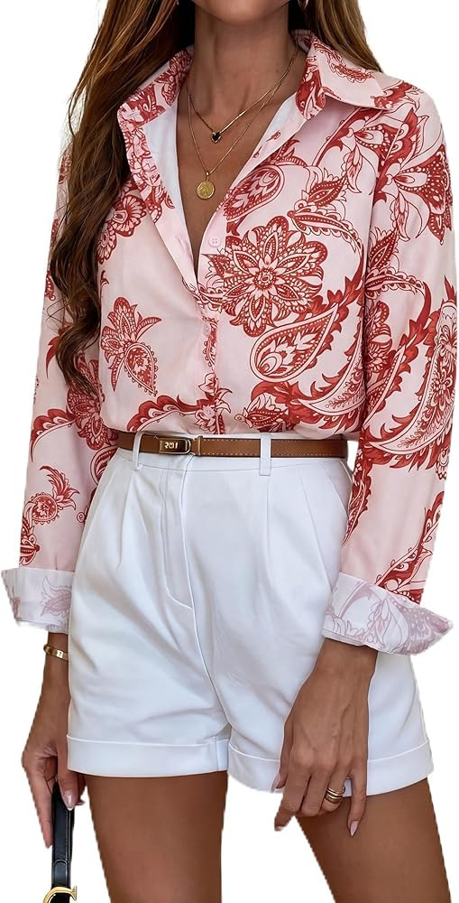 Sarin Mathews Button Down Shirts for Women Dressy Casual Long Sleeve Blouses Printed Collared Bus... | Amazon (US)