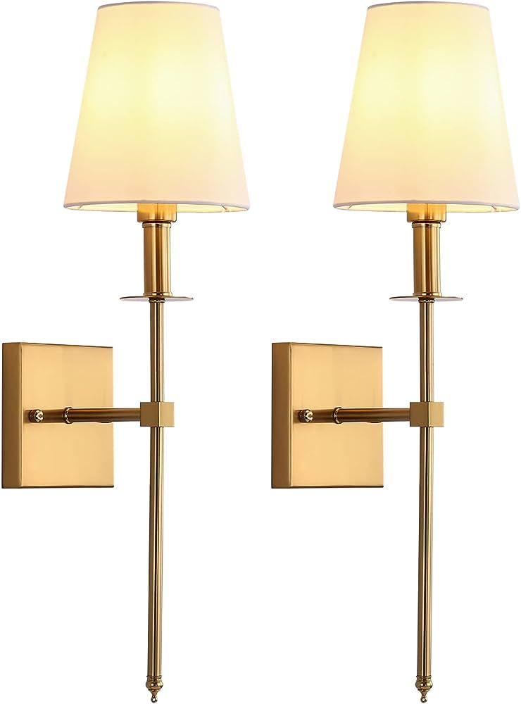 Wall Sconces Set of Two Golden,2 Hardwired Wall Lights for Bedroom with White Fabric Shades,Wall Lam | Amazon (US)