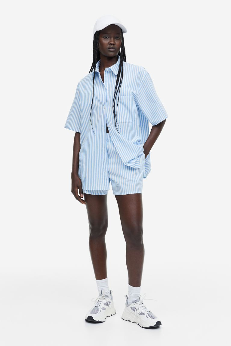Overhemdblouse van linnenmix met korte mouwen - Lichtblauw/wit gestreept - DAMES | H&M NL | H&M (DE, AT, CH, NL, FI)