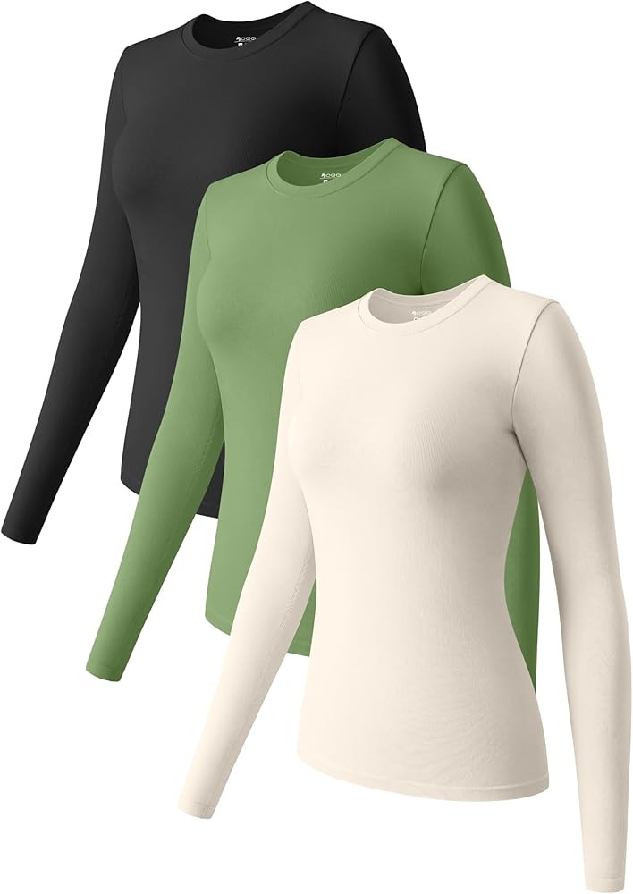 OQQ Womens 3 Piece Long Sleeve Tops Crew Neck Stretch Fitted Underscrubs Layer Tee Shirts Tops | Amazon (US)