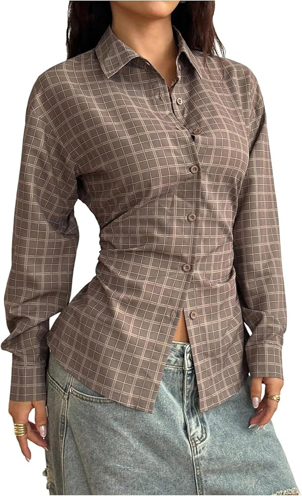 GORGLITTER Women's Plaid Fitted Button Up Shirt Y2k Gingham Long Sleeve Cinched Waist Tops Collar... | Amazon (US)