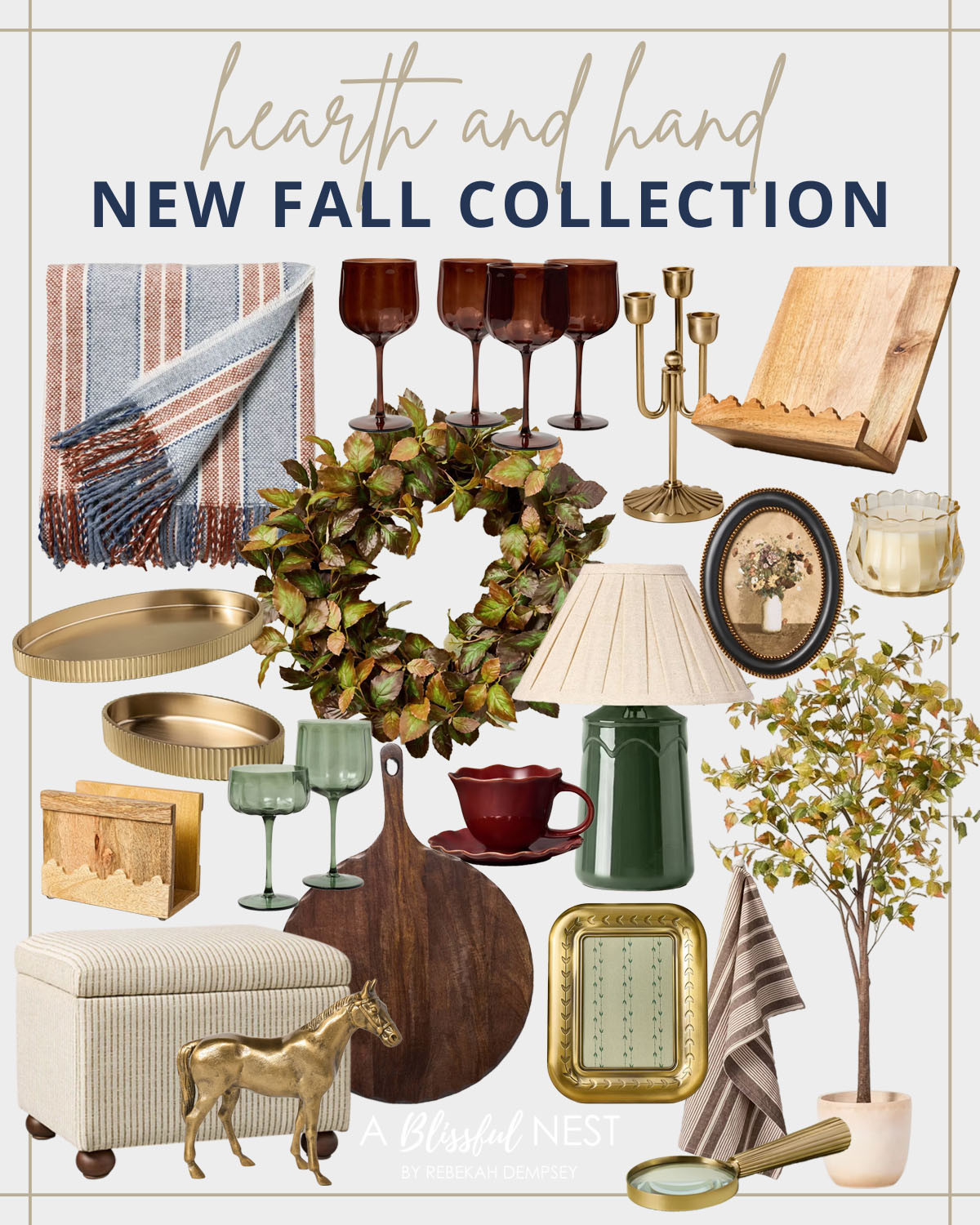 Cozy textures and classic details make this new fall collection so good. Shop now.

Striped fringe throw blanket, amber wine glasses, brass candelabra, wooden book stand, fall leaf wreath, oval framed floral art, glass jar candle, gold oval tray, gold round tray, wooden mail organizer, green wine glasses, wood cutting board, ceramic teacup and saucer, green ceramic table lamp, brass frame, striped kitchen towel, faux tree in planter, brass magnifying glass, striped storage ottoman, and brass horse figurine. 

 #LTKSeasonal #LTKHome