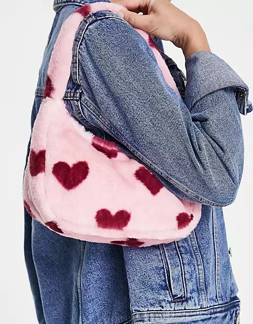 Monki faux fur shoulder bag in pink heart print | ASOS (Global)