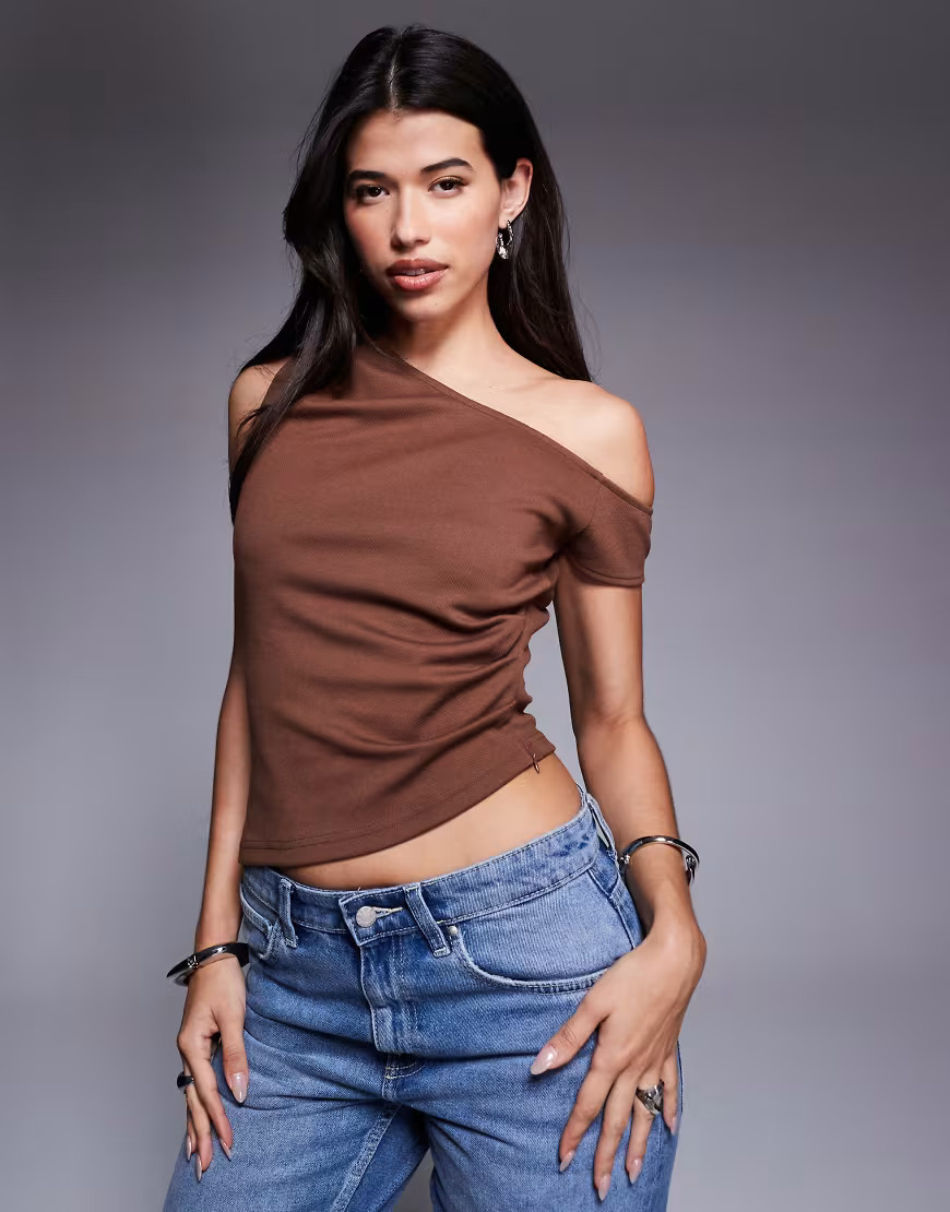 ASOS DESIGN jersey twill off shoulder top in brown | ASOS (Global)