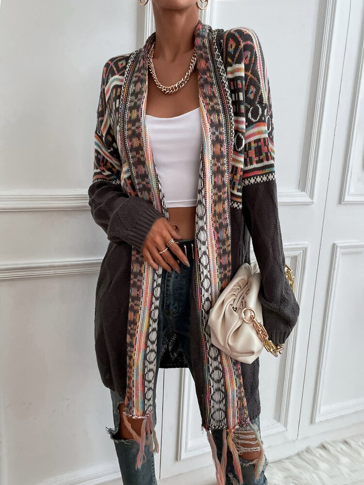 Geo Pattern Drop Shoulder Tassel Trim Open Front Cardigan | SHEIN