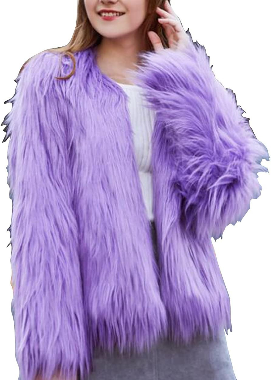 Women's Solid Color Shaggy Faux Fur Coat Long Sleeves Jacket Outerwear Tops | Amazon (US)