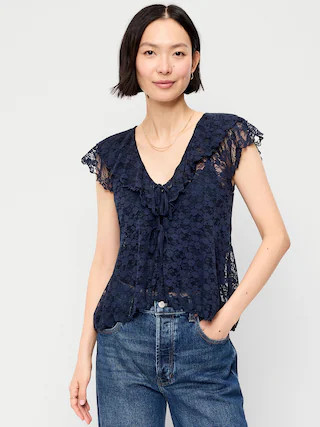 Short-Sleeve Open-Front Lace Ruffle Top | Old Navy (US)