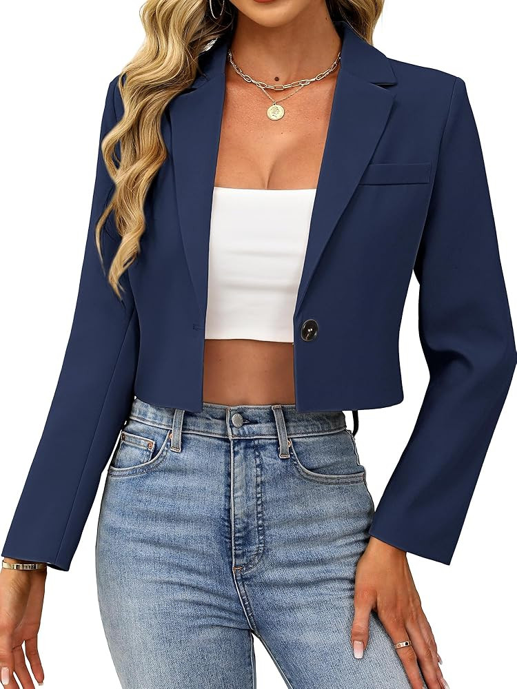 ELLEVEN Women’s Cropped Blazer Business Casual Open Front Long Sleeve One Button Jacket | Amazon (US)