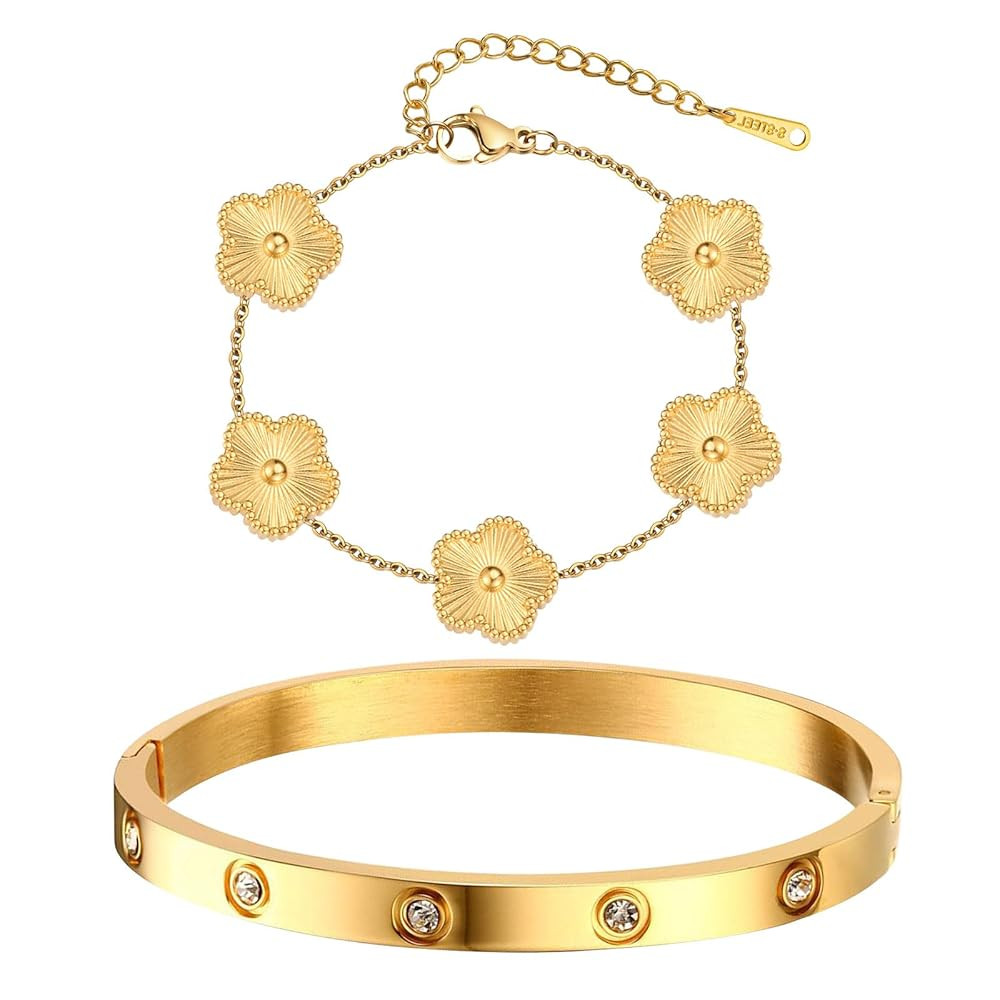 MPRAINBOW Womens Stackable Gold Bracelets Jewelry, 18K Gold Plated Floral Bracelet,Bangles Non Ta... | Amazon (US)