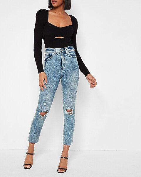 Conscious Edit Super High Waisted Medium Wash Ripped Slim Jeans | Express