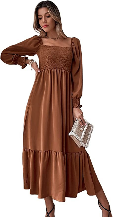Off shoulder, bell sleeve, long sleeve, frill trim, shirred, maxi dress, beach dress | Amazon (US)
