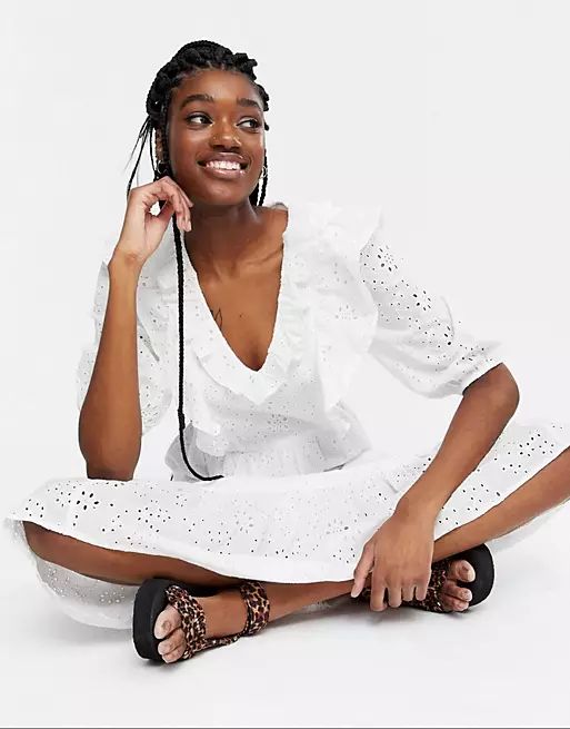 New Look broderie ruffle midi dress in white | ASOS (Global)