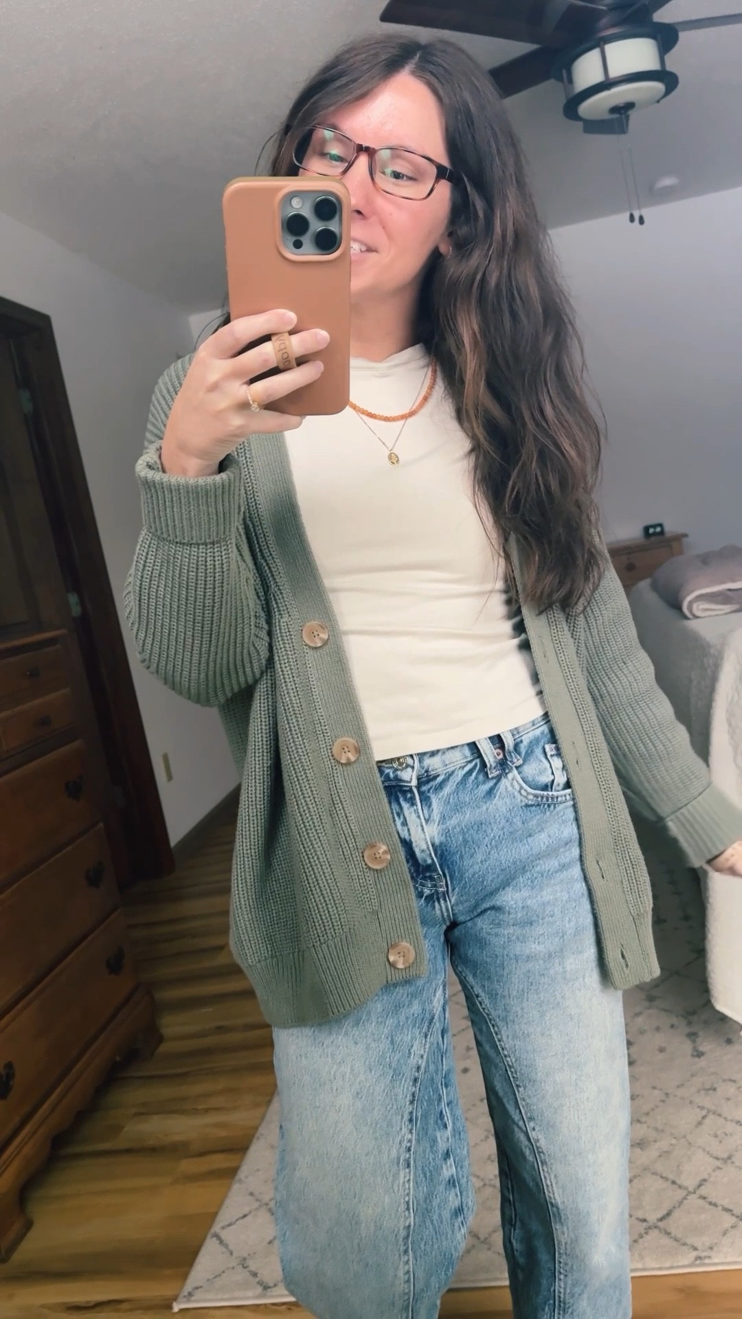 Wearing small in my tee, small in my cardigan (this color is agave and sold out but other colors are available, I also linked a similar one). My jeans are 24 short (short is sold out but regular is available and it’s a raw hem so you can cut them off). 
My Merrells are older and the slimmer style, I linked the current bulkier style. They’re the gunmetal color.  

#LTKgrwm #LTKootd #LTKPetite