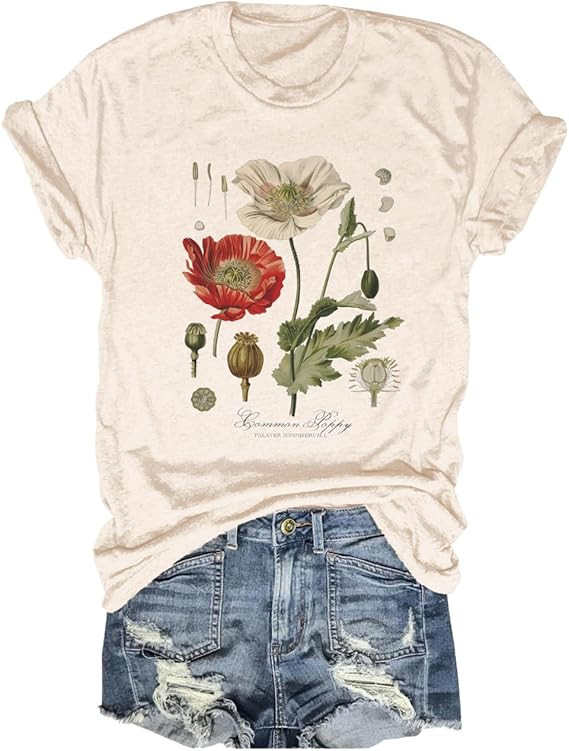 Memorial Day Vintage Poppy T-Shirt for Women Poppy Flower Language Crew Neck Short Sleeve Summer ... | Amazon (US)