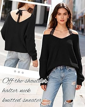 Simlakey Women Bow Back Sweater Oversized Off Shoulder V Neck Pullover Sweater Sexy Long Sleeve T... | Amazon (US)