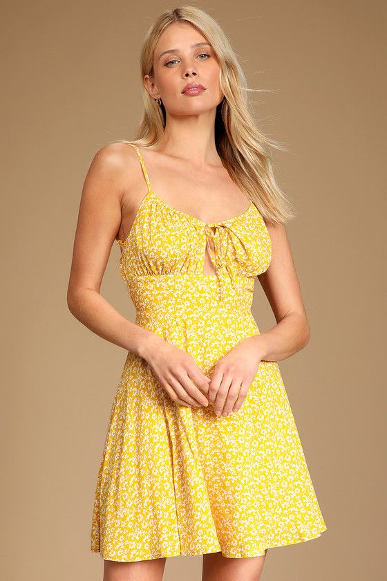 Total Dream Mustard Yellow Floral Print Tie-Back Mini Dress | Lulus (US)