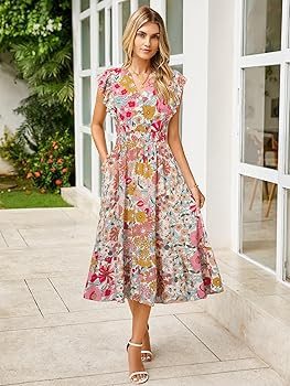 BerryGo Summer Floral Maxi Dress - Womens Casual Boho V Neck Ruffle Short Sleeve Beach Long Dress... | Amazon (US)