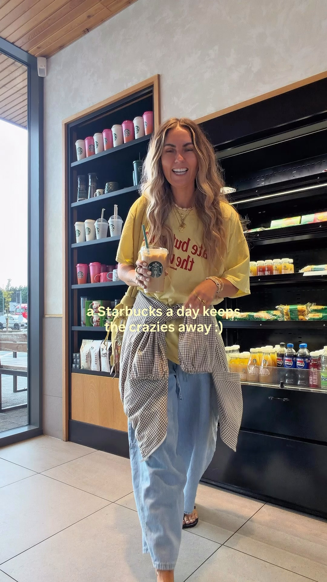 day 3,476,324 of the school holidays 🤪✨🥤✌🏽🧃@starbucksuk

seriously love yall !! happy holidays ! WE GOT THIS !! xxxxxxxxxxxx

OUTFIT DEETS :)
links 🔗 saved in my AUGUST highlights or shout if you want links ! 

‘ late but with the wait ‘ ⏰ tee £23 @asos 
drawstring jeans of dreams 👖 £25 @tuclothing 
checkered jacket 🏁 oldddd @veryuk but @zara have similar ! 
yellow puffa bag 🍋 £77 @olend_backpacks ( size : ona compact colour : lime )
necklaces ✨ @little.greymoon @monicavinader 
sunglasses 🌀 blue tint aviators £16 @monsoon 
bag charms 🧃 @junoandpip 

contains pr via my gorgey management @petillermanagement ✌🏽
#mumstyle #mumstyleuk #jeanoutfits

#LTKuk #LTKsummer #LTKeurope