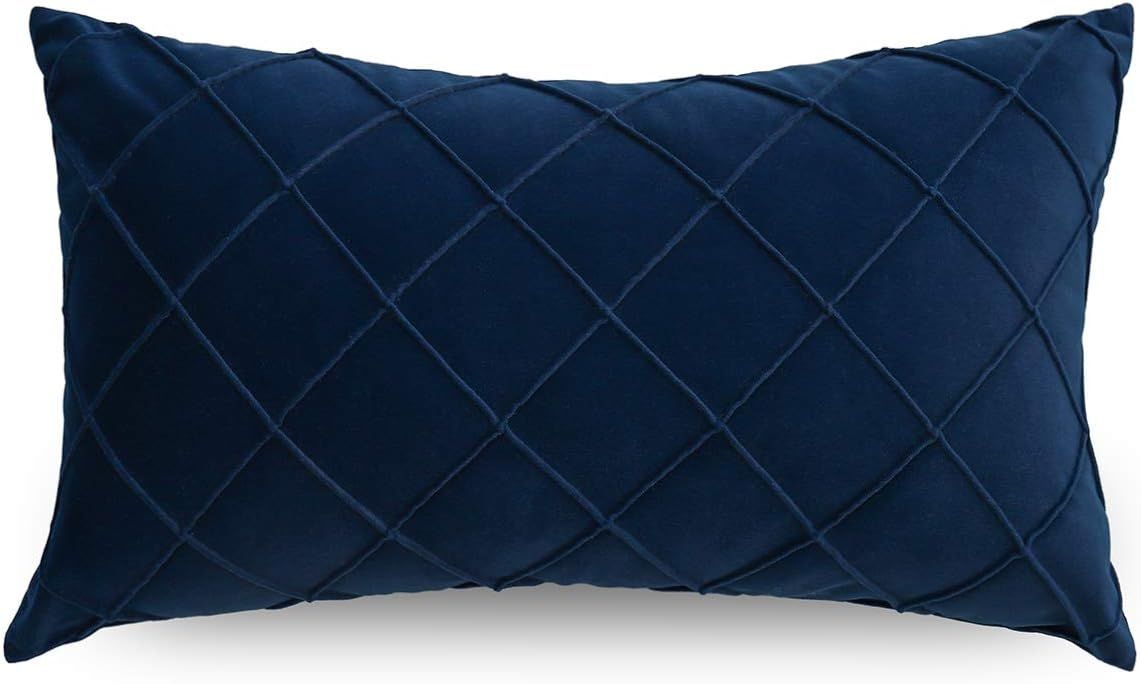 Navy Blue Lumbar Pillow Cover 12x20 Inch, Pleated Decorative Small Throw Pillow Case, Soft Velvet... | Amazon (US)